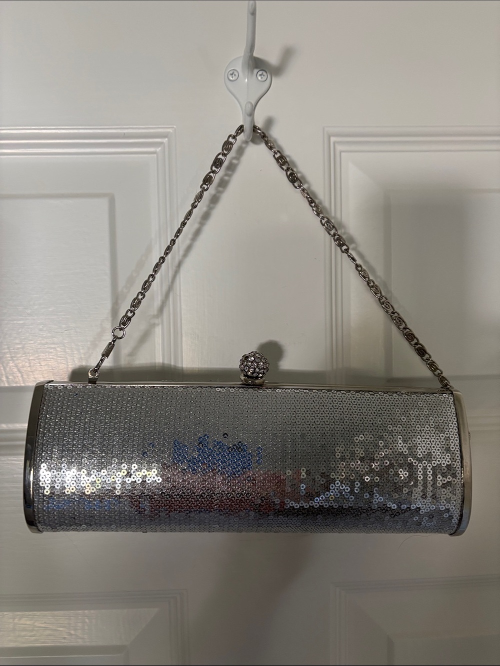 Silver Sequin Evening Clutch with Chain Strap